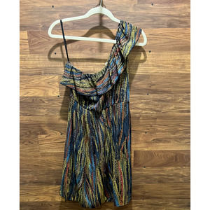 AUW 1 Shoulder Summer Dress Mini Length Women's Medium Rayon Stretch Waist